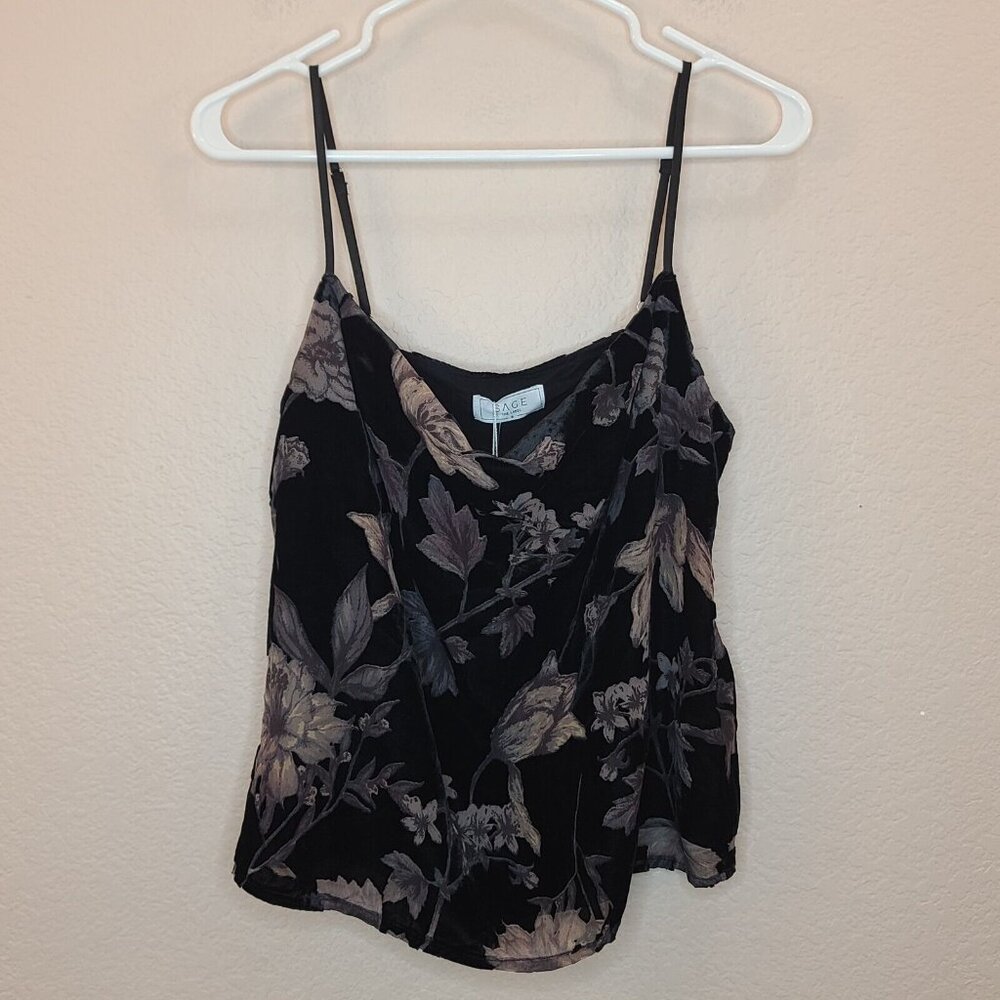 SAGE the Label Top Women Small Black Floral Velvet Camisole Blouse Office Career
